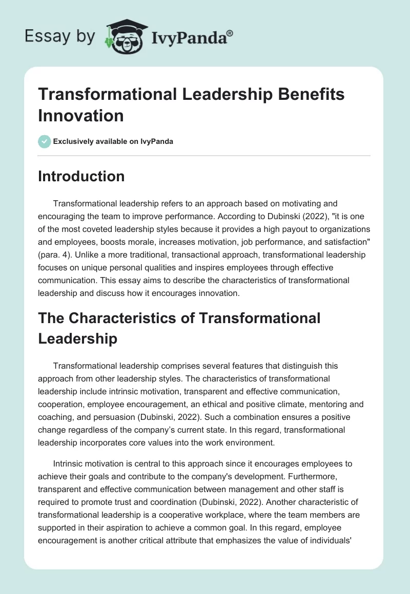 Transformational Leadership Benefits Innovation. Page 1