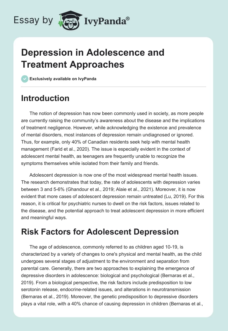 Depression in Adolescence and Treatment Approaches. Page 1