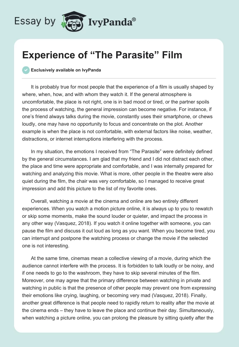 Experience of “The Parasite” Film. Page 1