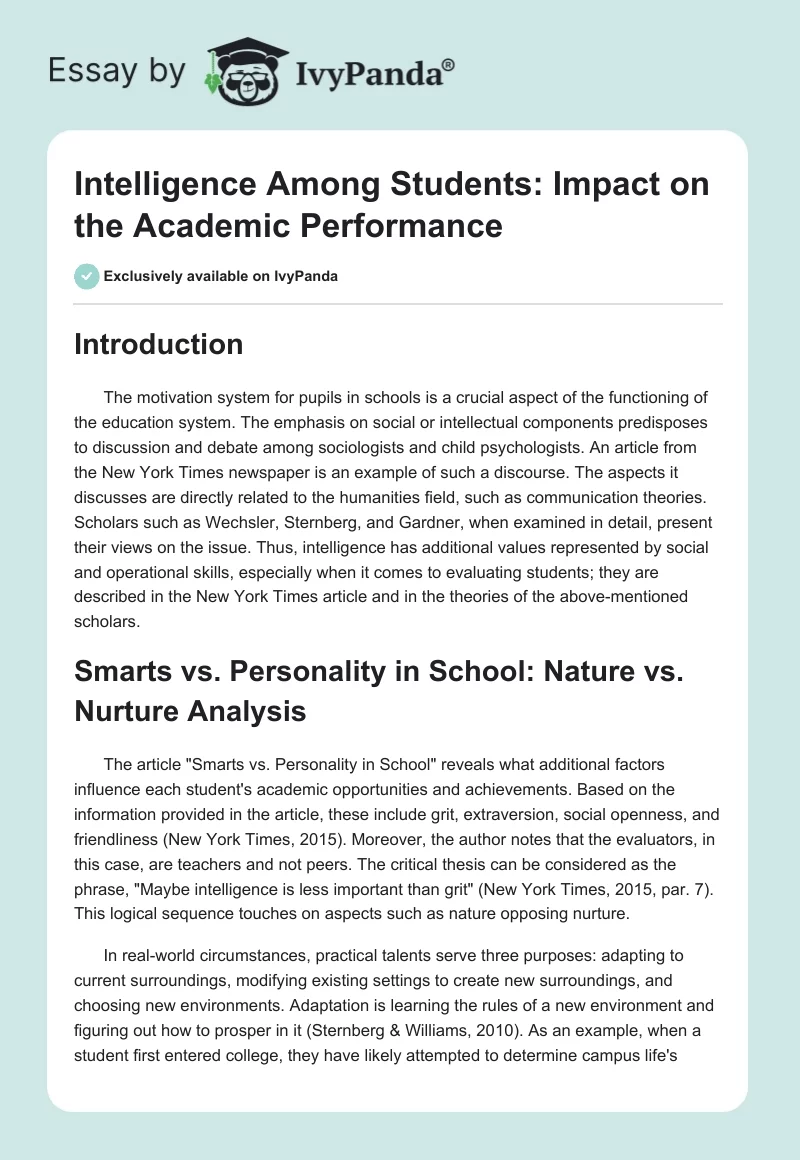 Intelligence Among Students: Impact on the Academic Performance. Page 1
