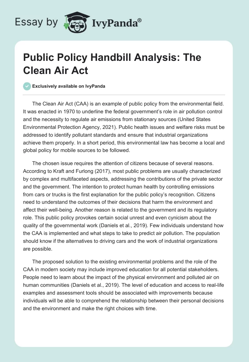 Public Policy Handbill Analysis: The Clean Air Act. Page 1