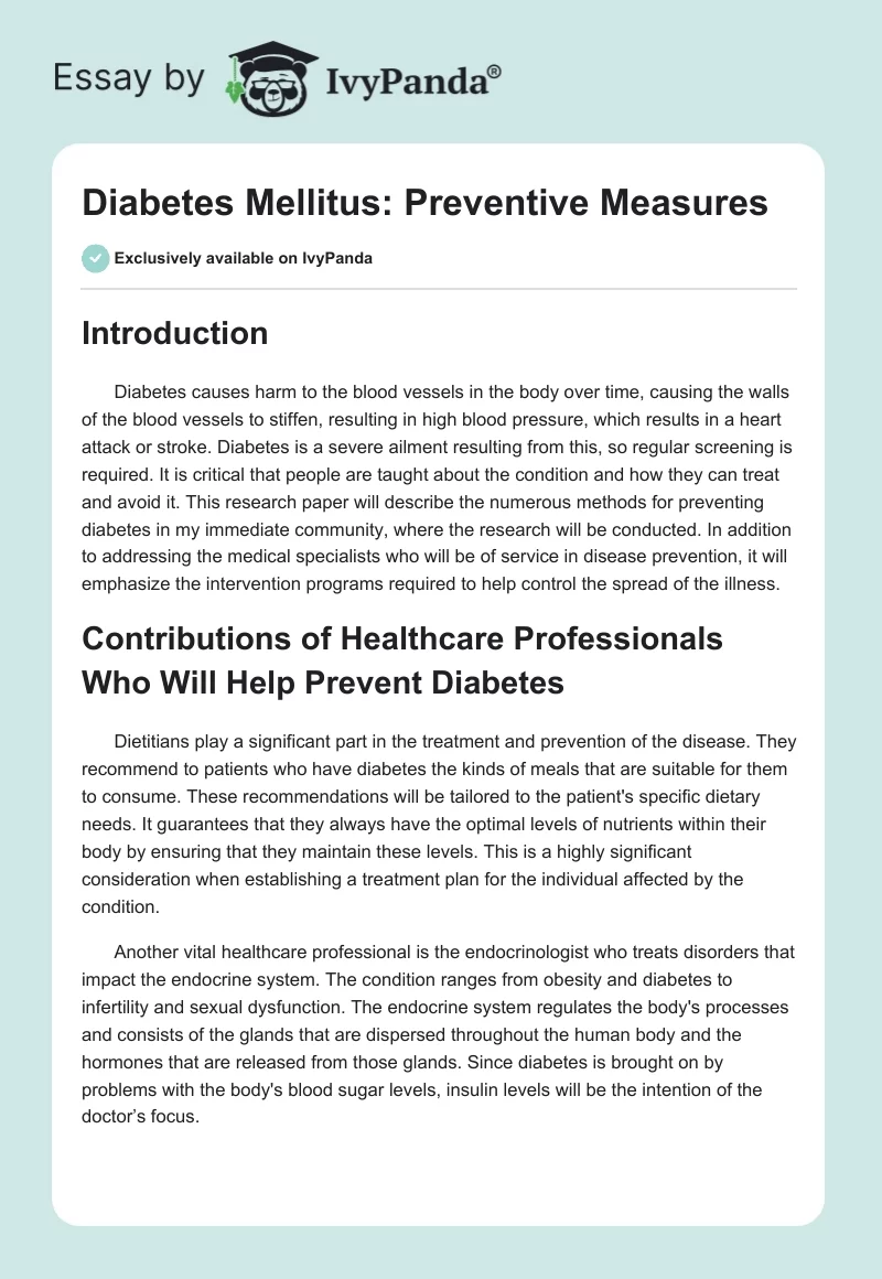 Diabetes Mellitus: Preventive Measures. Page 1