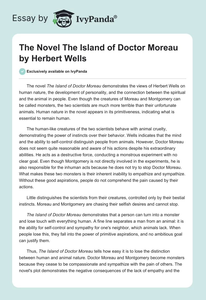 The Novel "The Island of Doctor Moreau" by Herbert Wells. Page 1