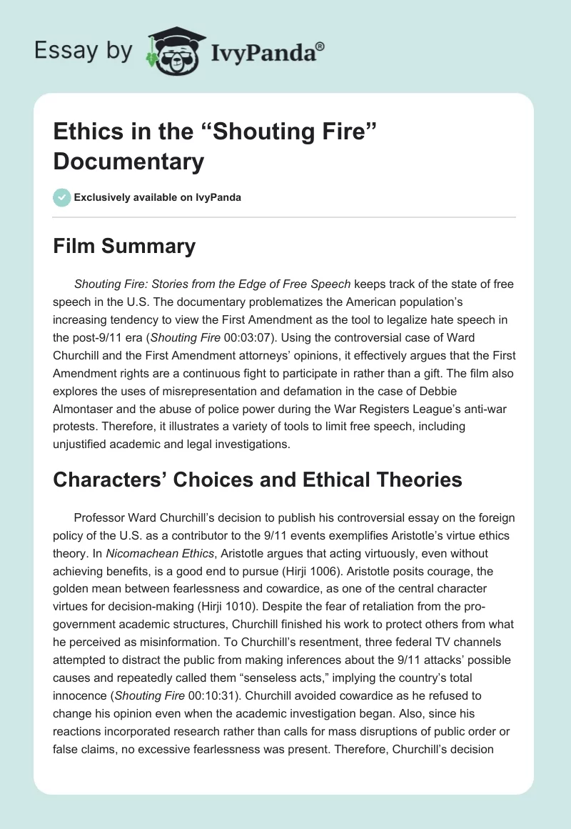 Ethics in the “Shouting Fire” Documentary. Page 1