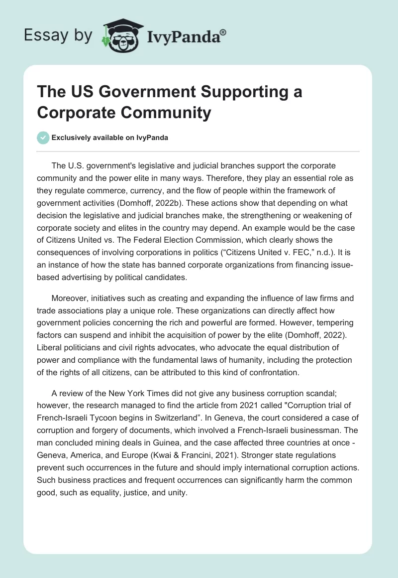 The US Government Supporting a Corporate Community. Page 1
