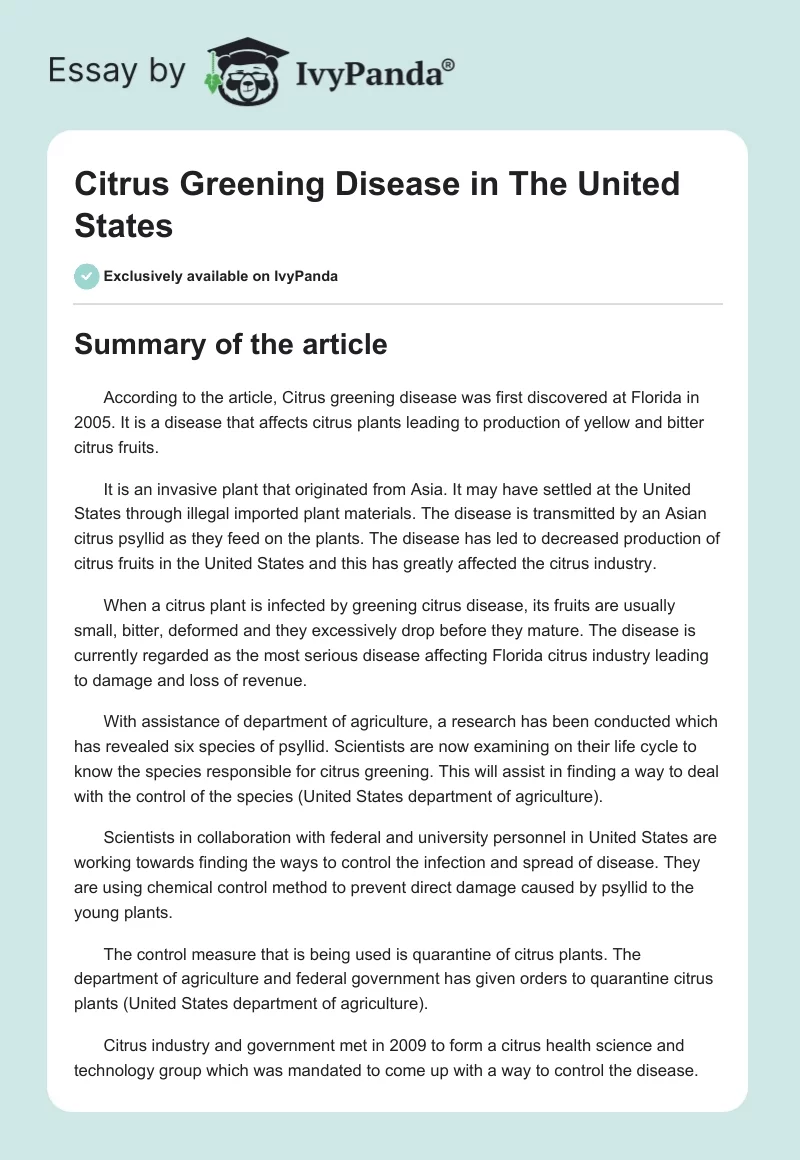 Citrus Greening Disease in The United States. Page 1