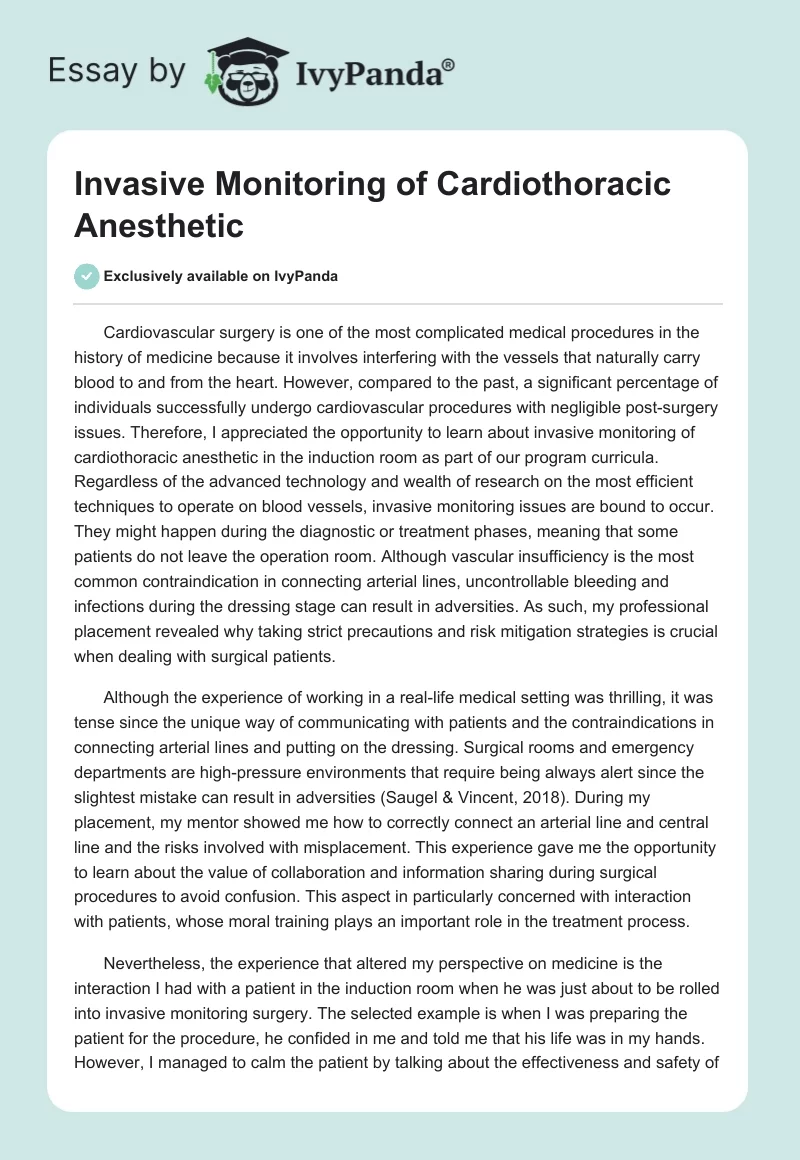 Invasive Monitoring of Cardiothoracic Anesthetic. Page 1