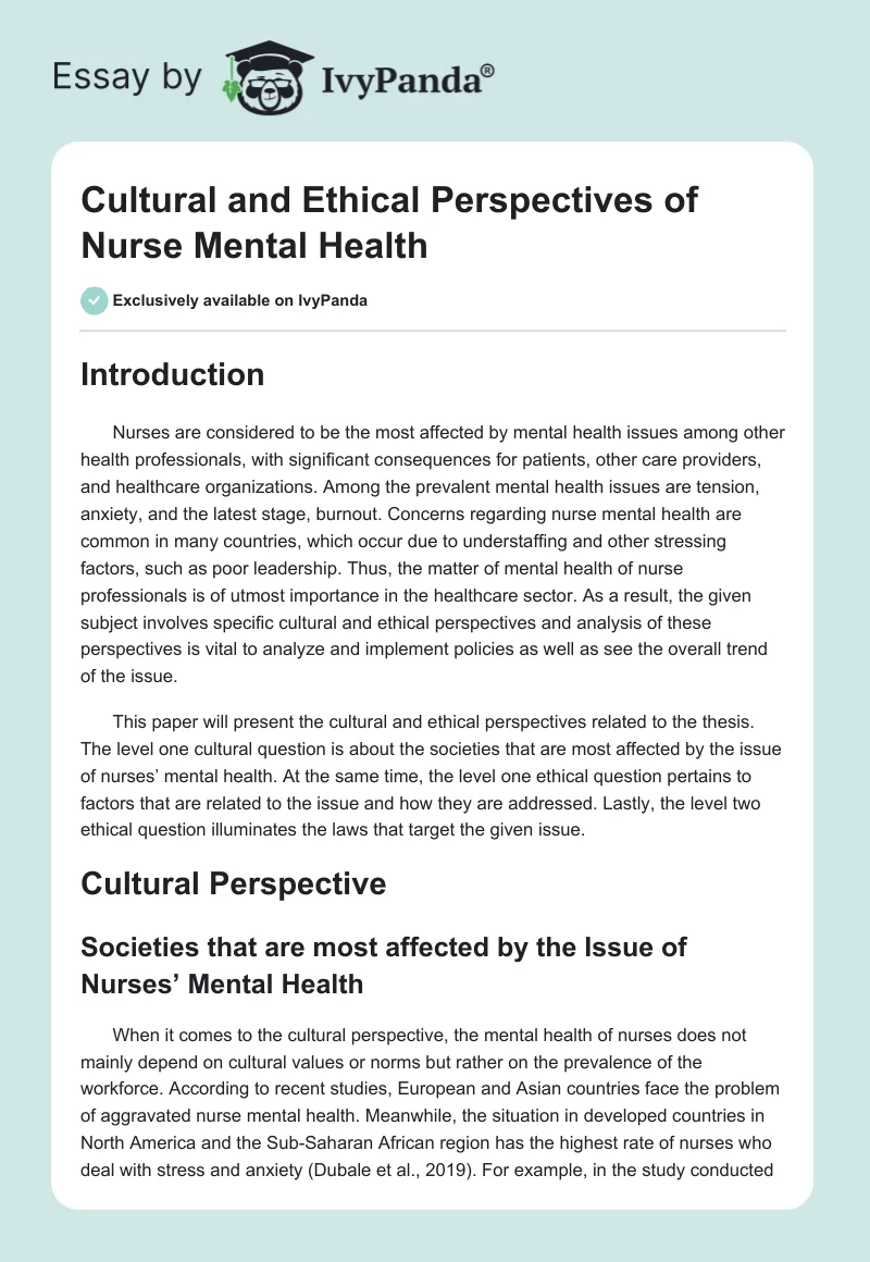 Cultural and Ethical Perspectives of Nurse Mental Health. Page 1