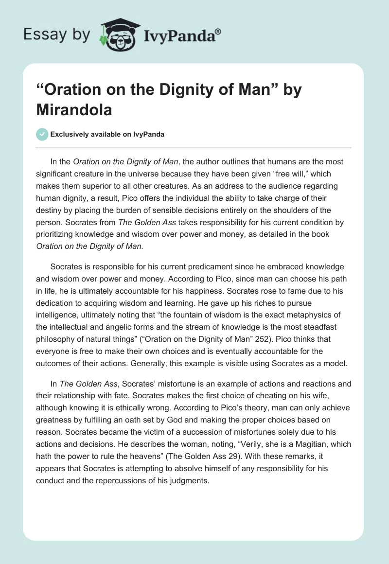 “Oration on the Dignity of Man” by Mirandola. Page 1