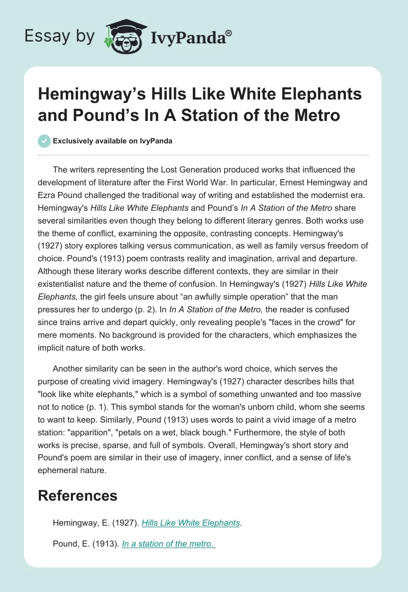 Hemingway’s "Hills Like White Elephants" and Pound’s "In a Station of the Metro". Page 1