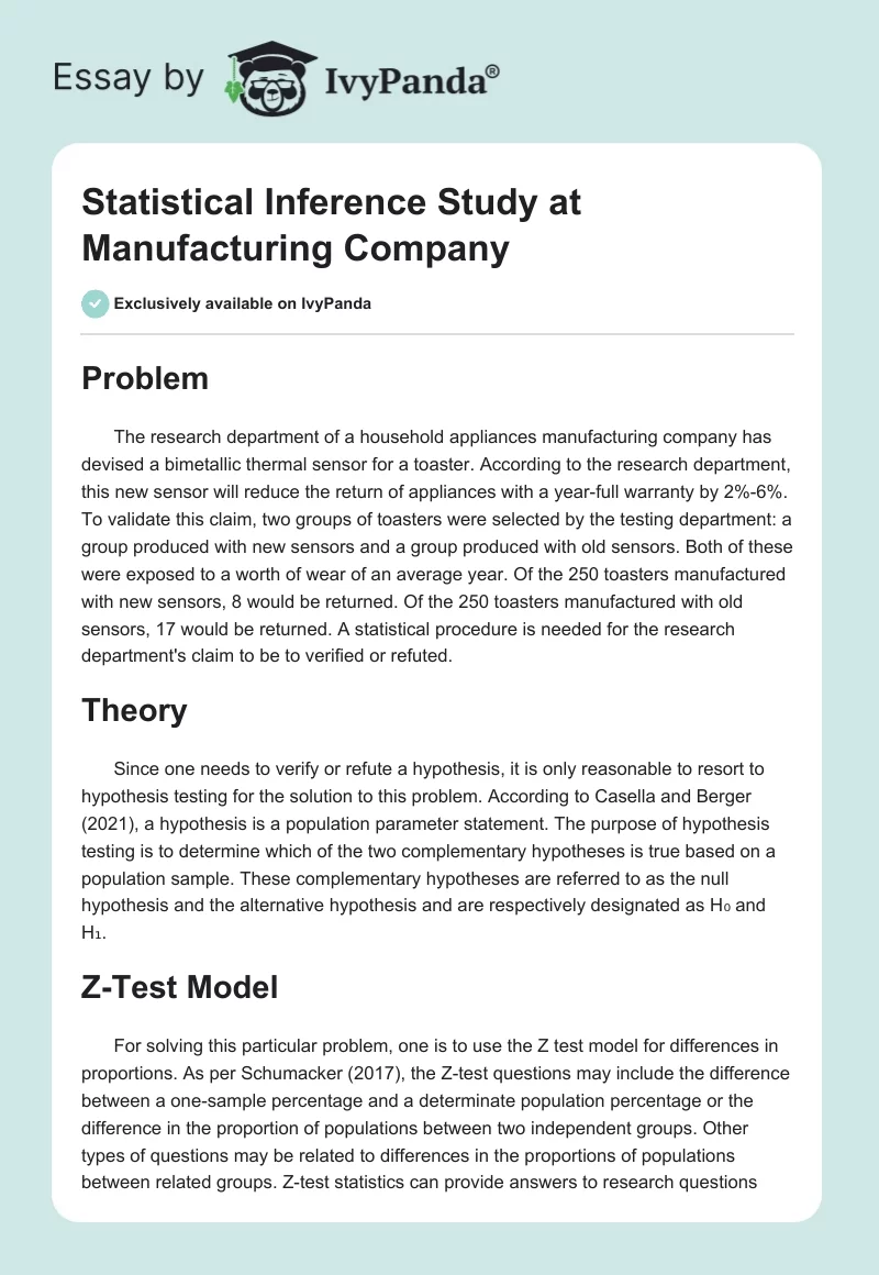 Statistical Inference Study at Manufacturing Company. Page 1