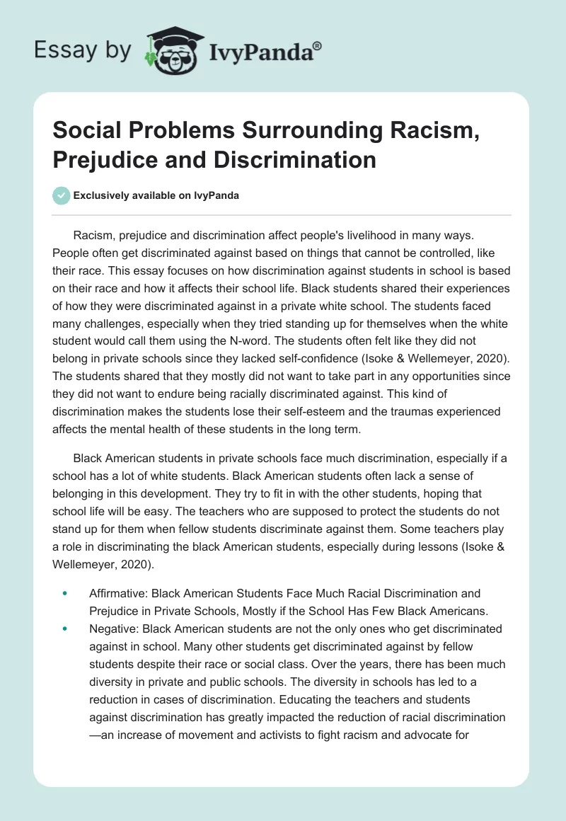 Social Problems Surrounding Racism, Prejudice and Discrimination. Page 1