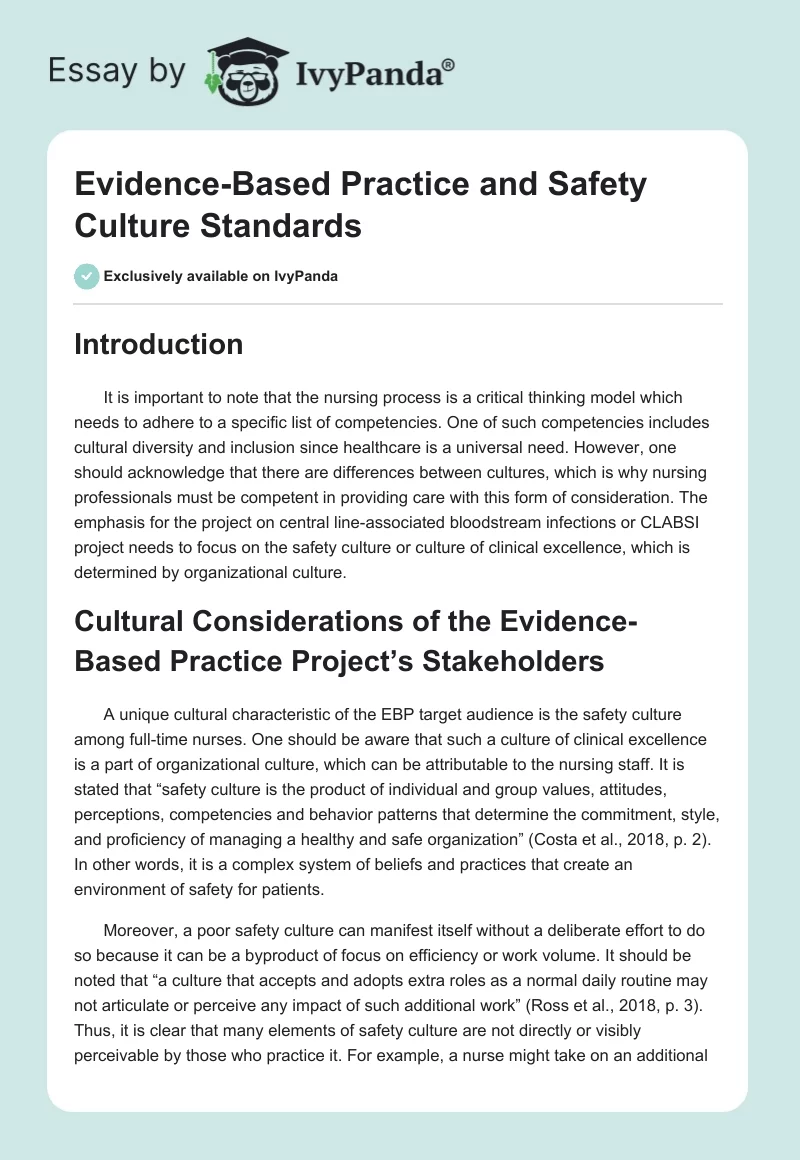 Evidence-Based Practice and Safety Culture Standards. Page 1