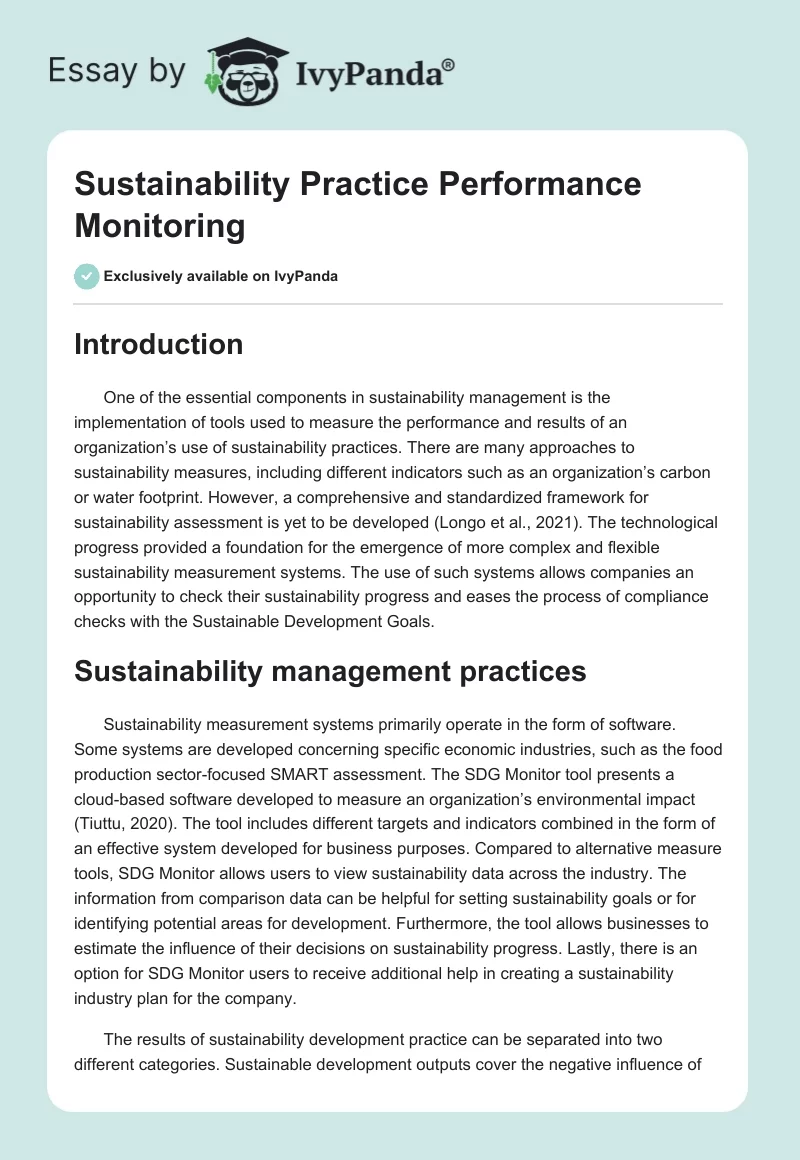 Sustainability Practice Performance Monitoring. Page 1