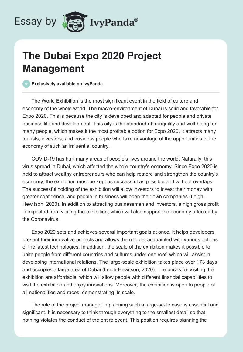 The Dubai Expo 2020 Project Management. Page 1
