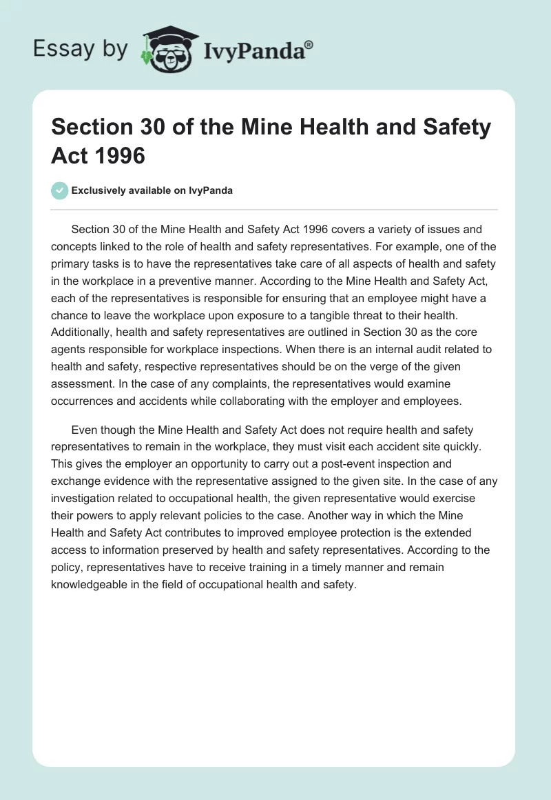 Section 30 of the Mine Health and Safety Act 1996. Page 1