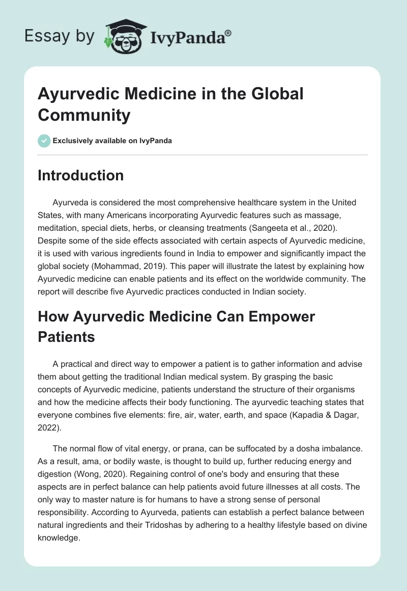 Ayurvedic Medicine in the Global Community. Page 1