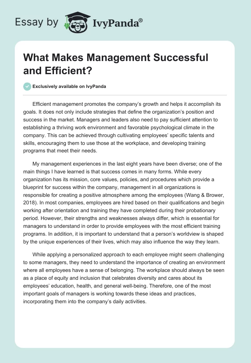 What Makes Management Successful and Efficient?. Page 1