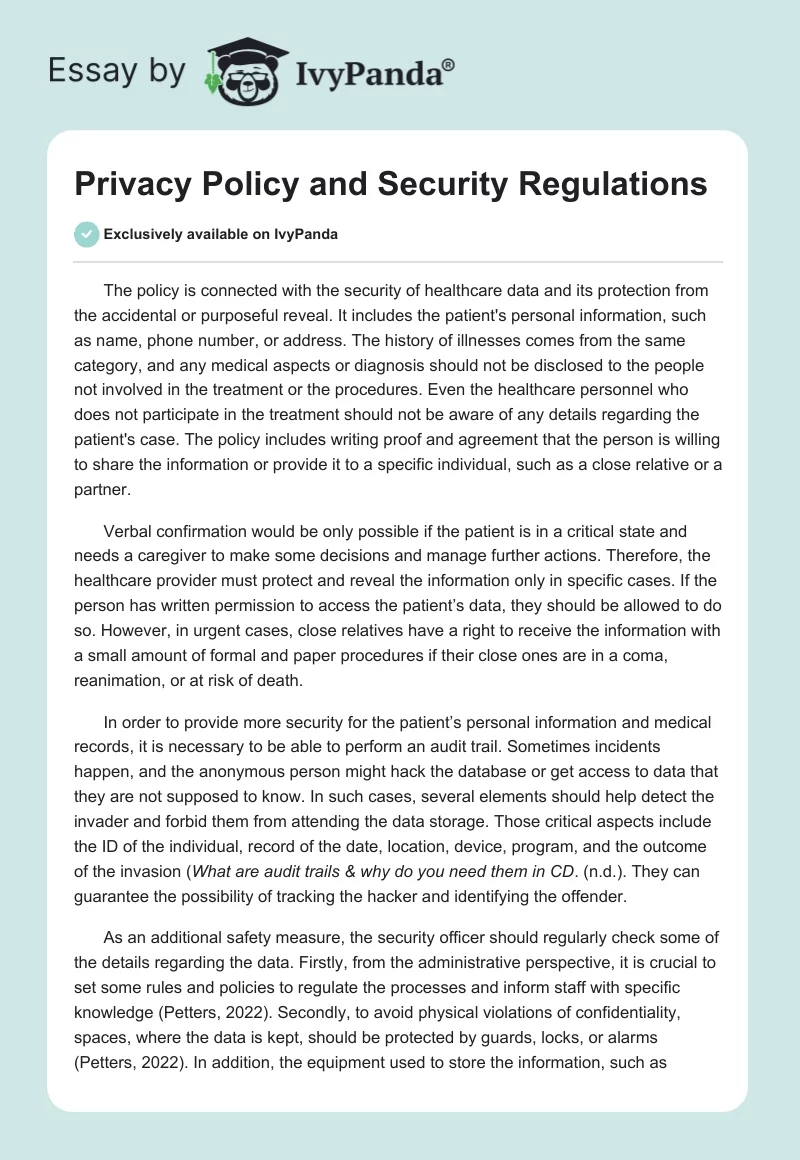 Privacy Policy and Security Regulations. Page 1