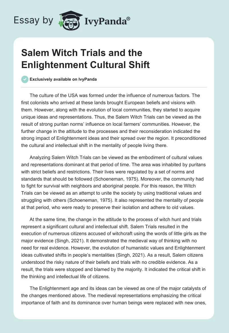 Salem Witch Trials and the Enlightenment Cultural Shift. Page 1