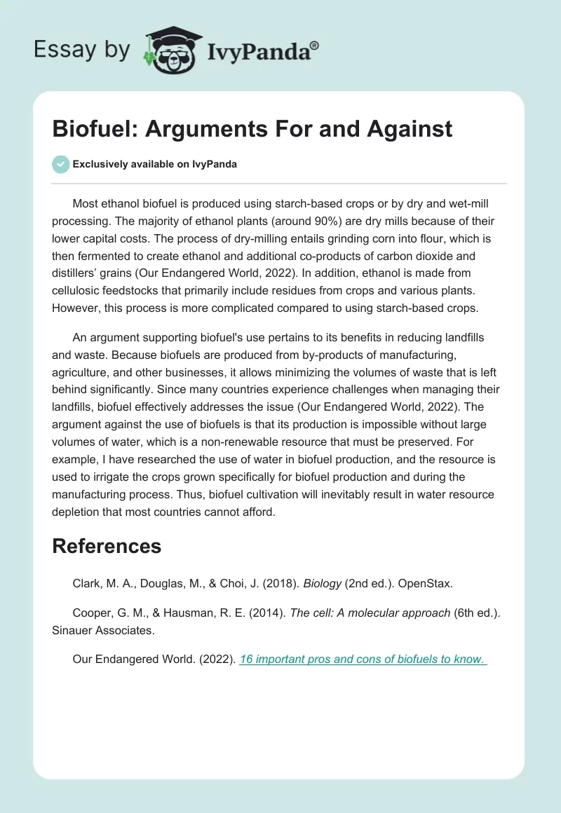 Biofuel: Arguments For and Against. Page 1
