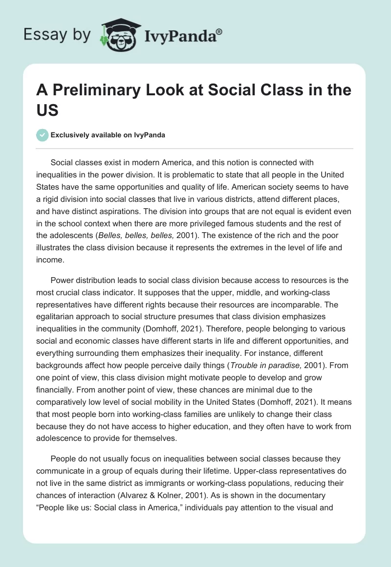 A Preliminary Look at Social Class in the US. Page 1