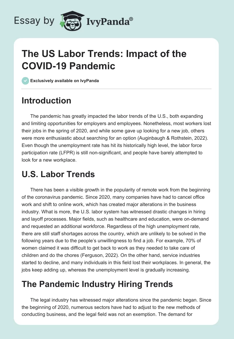 The US Labor Trends: Impact of the COVID-19 Pandemic. Page 1