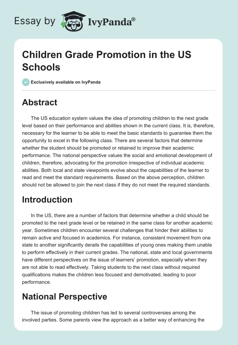 Children Grade Promotion in the US Schools. Page 1