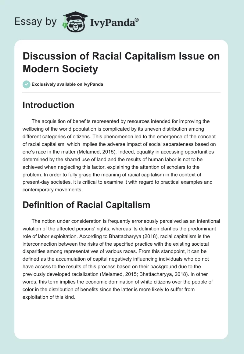 Discussion of Racial Capitalism Issue on Modern Society. Page 1
