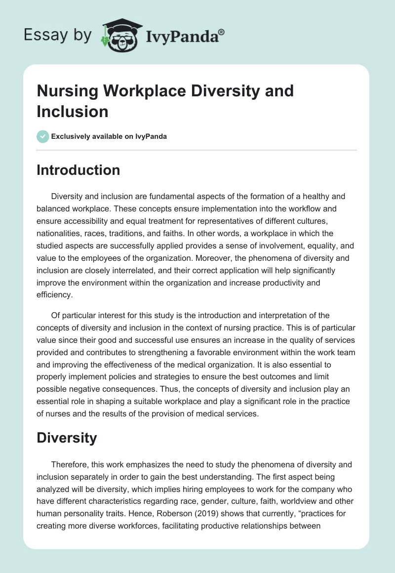 Nursing Workplace Diversity and Inclusion. Page 1