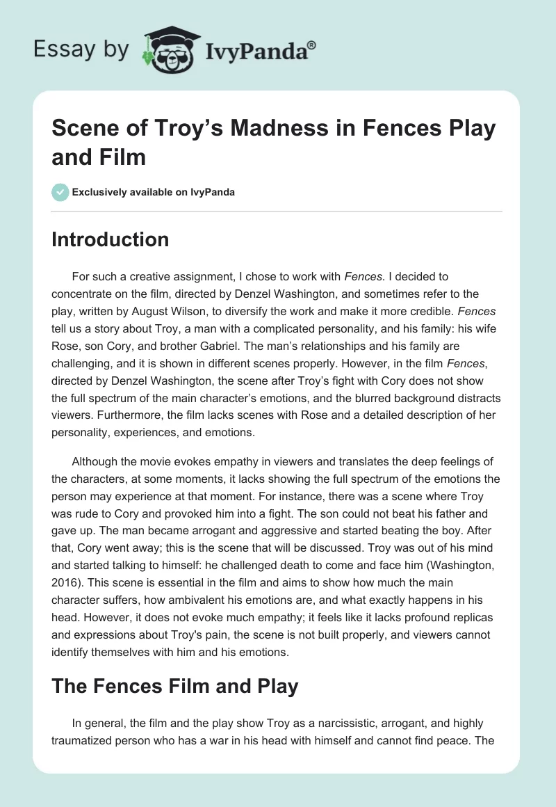 Scene of Troy’s Madness in "Fences" Play and Film. Page 1
