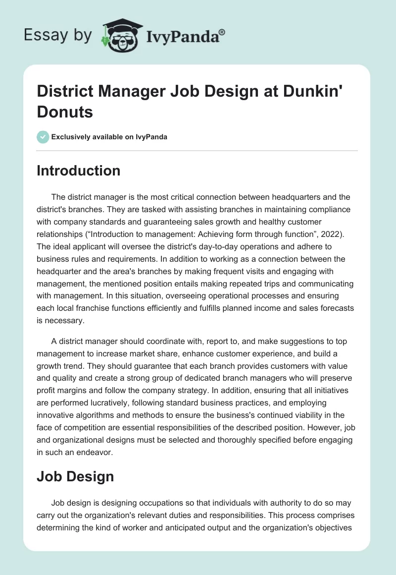 District Manager Job Design at Dunkin' Donuts. Page 1