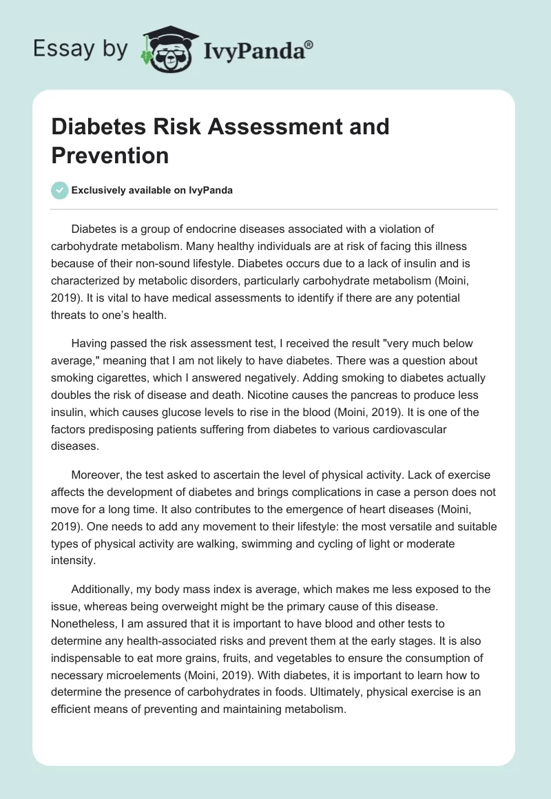 Diabetes Risk Assessment and Prevention. Page 1