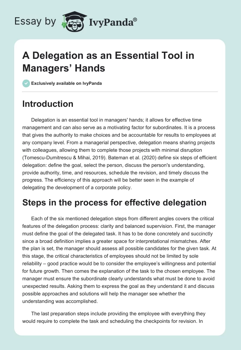 A Delegation as an Essential Tool in Managers’ Hands. Page 1