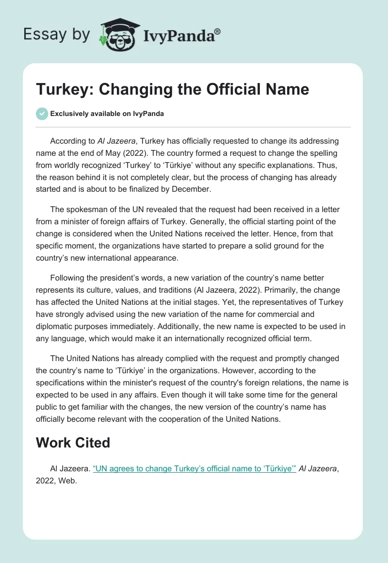 Turkey: Changing the Official Name. Page 1