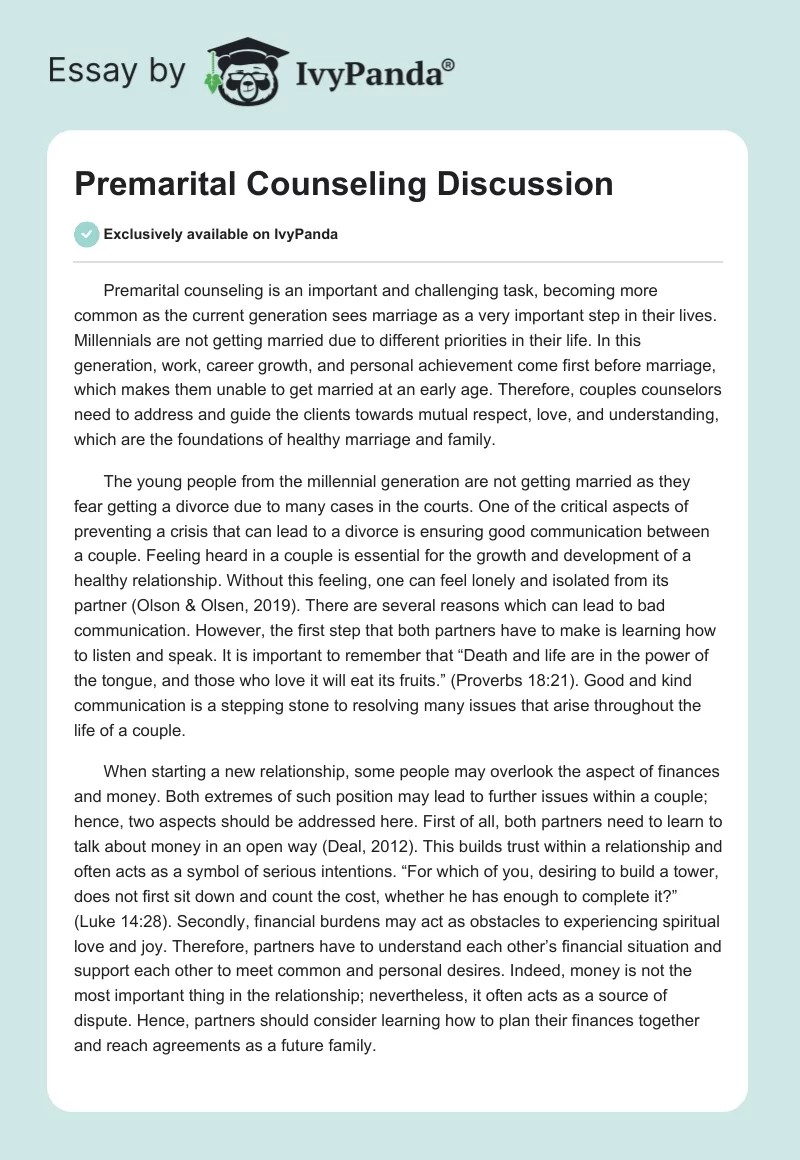 Premarital Counseling Discussion. Page 1