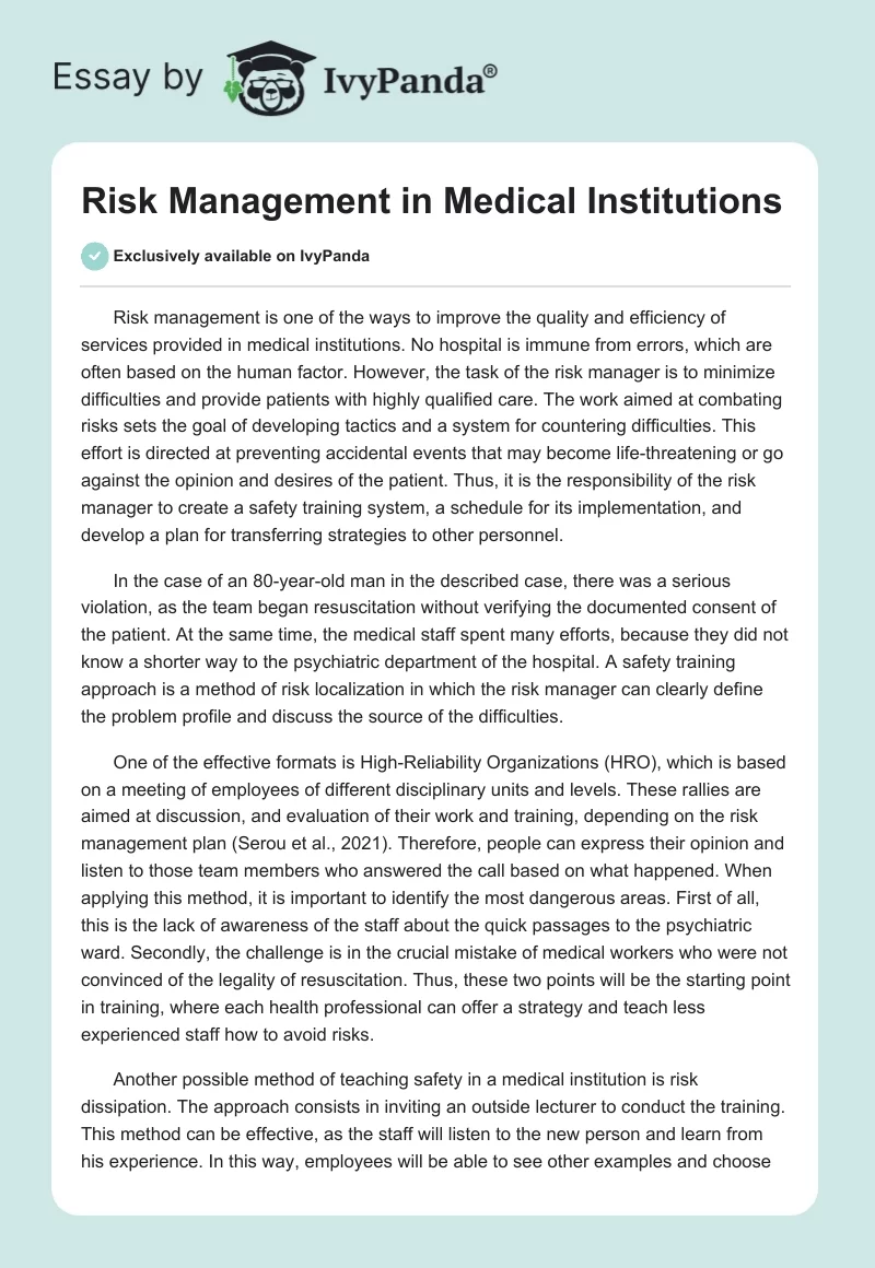 Risk Management in Medical Institutions. Page 1