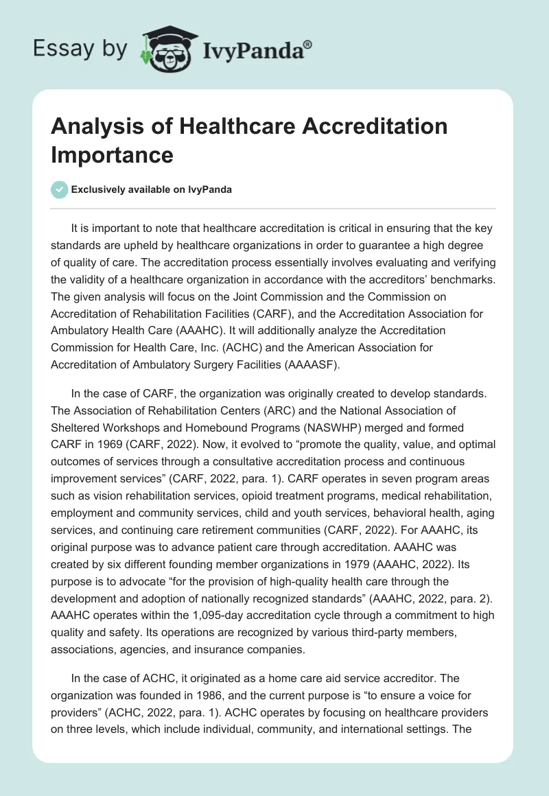 Analysis of Healthcare Accreditation Importance. Page 1