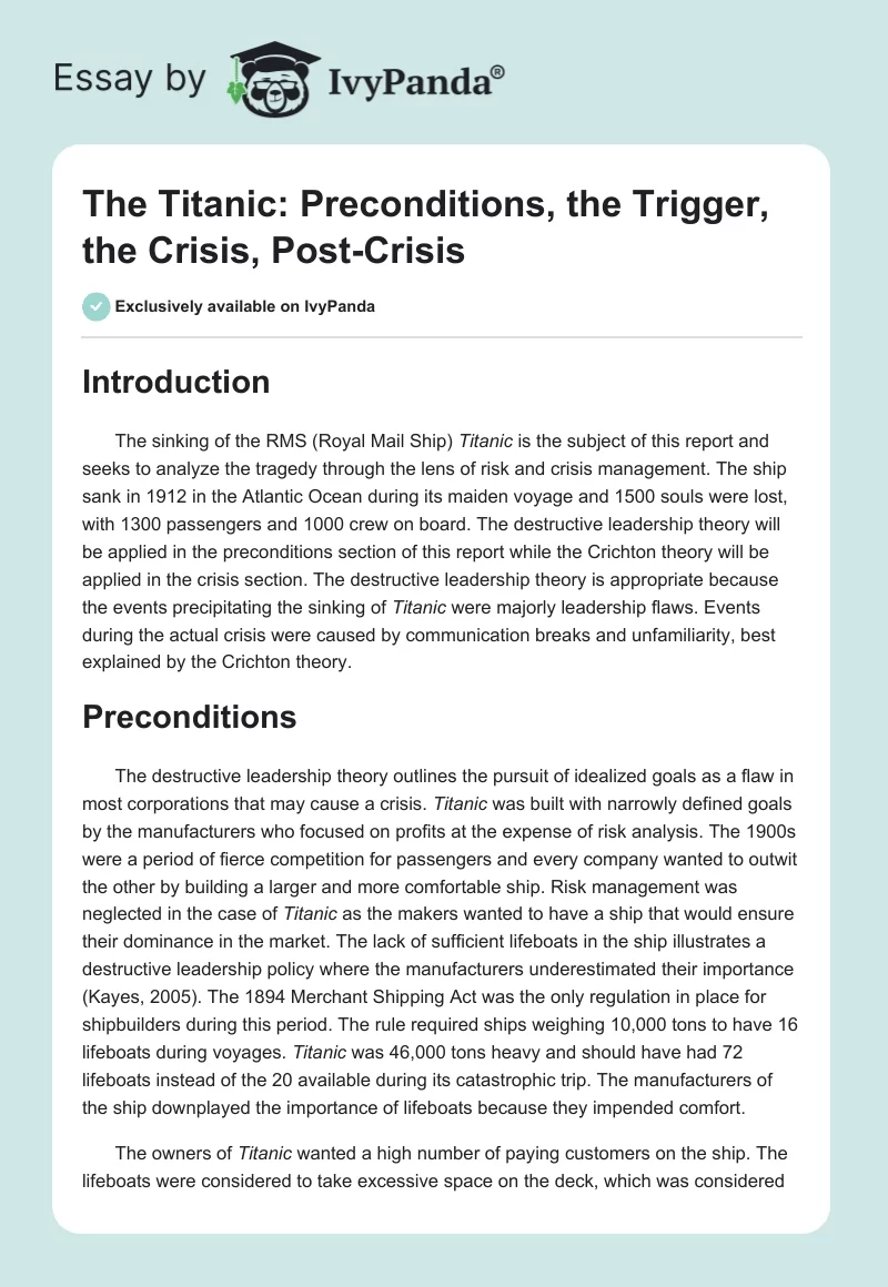The Titanic: Preconditions, the Trigger, the Crisis, Post-Crisis. Page 1