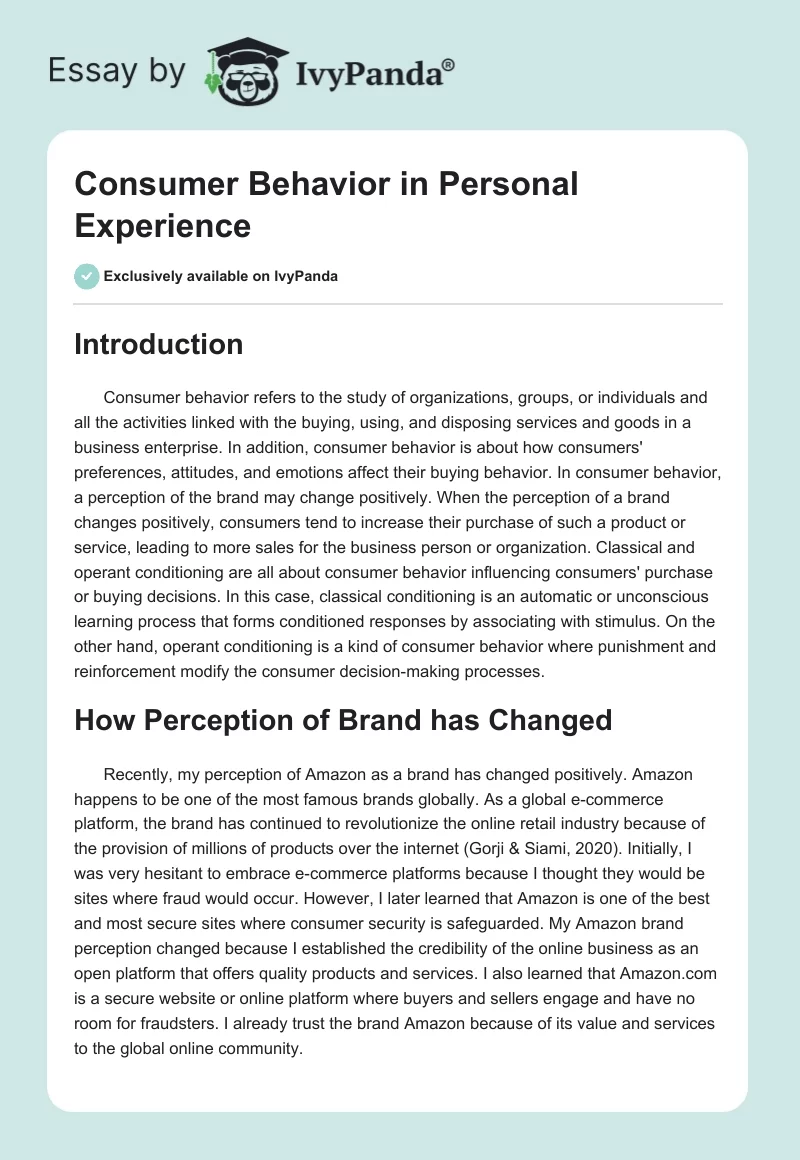 Consumer Behavior in Personal Experience. Page 1