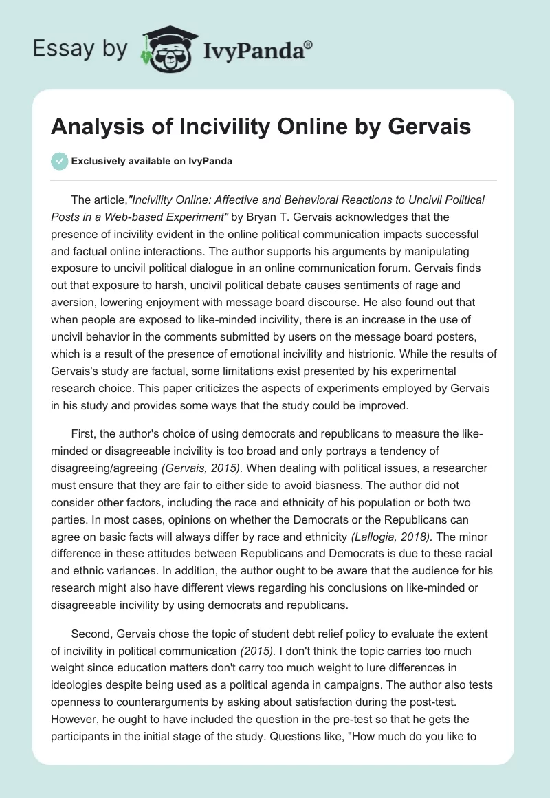 Analysis of "Incivility Online" by Gervais. Page 1