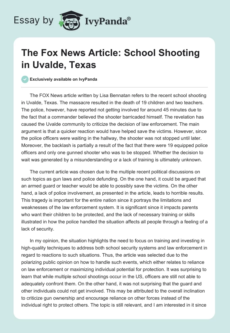 The Fox News Article: School Shooting in Uvalde, Texas. Page 1