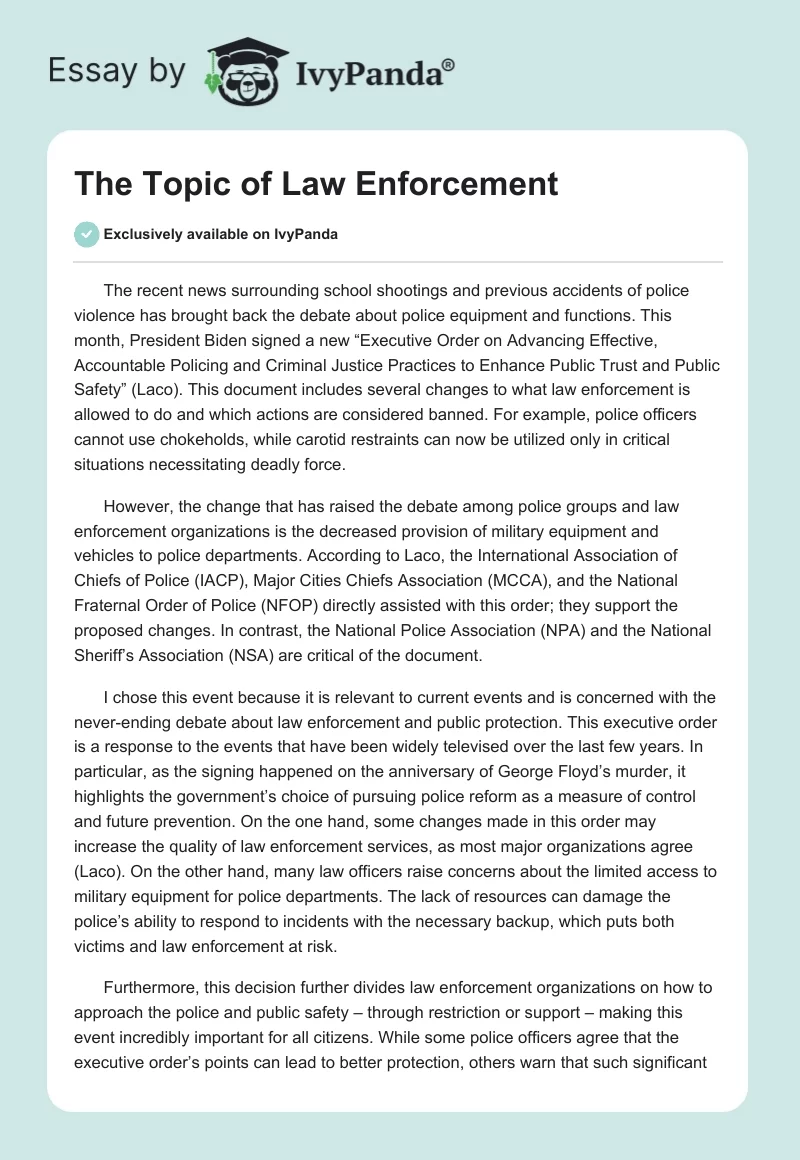 The Topic of Law Enforcement. Page 1