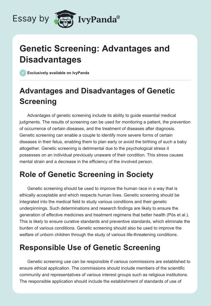Genetic Screening: Advantages and Disadvantages. Page 1