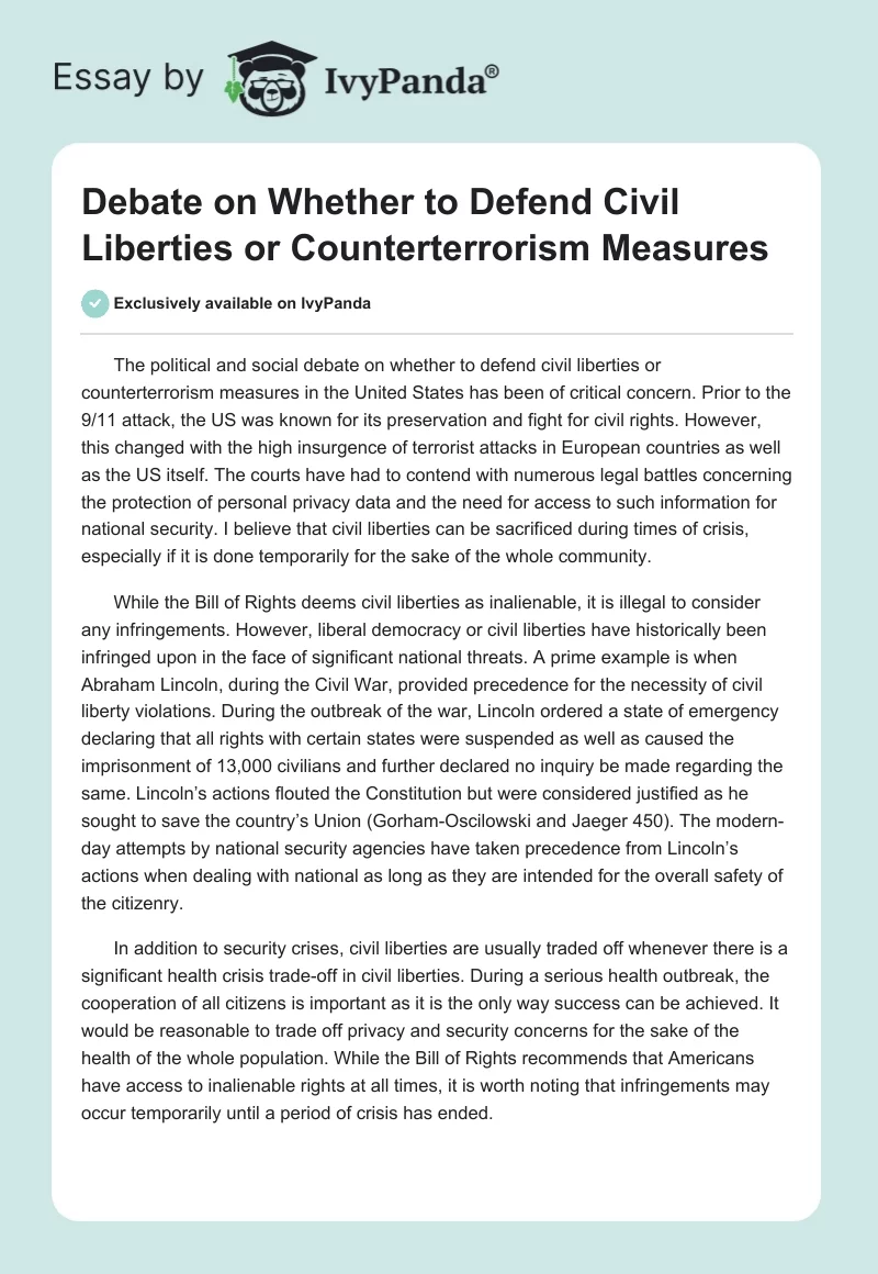 Debate on Whether to Defend Civil Liberties or Counterterrorism Measures. Page 1