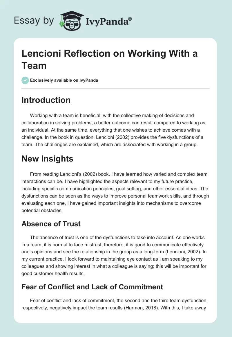 Lencioni Reflection on Working With a Team. Page 1