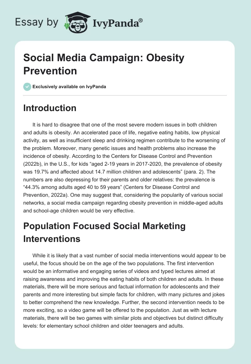 Social Media Campaign: Obesity Prevention. Page 1