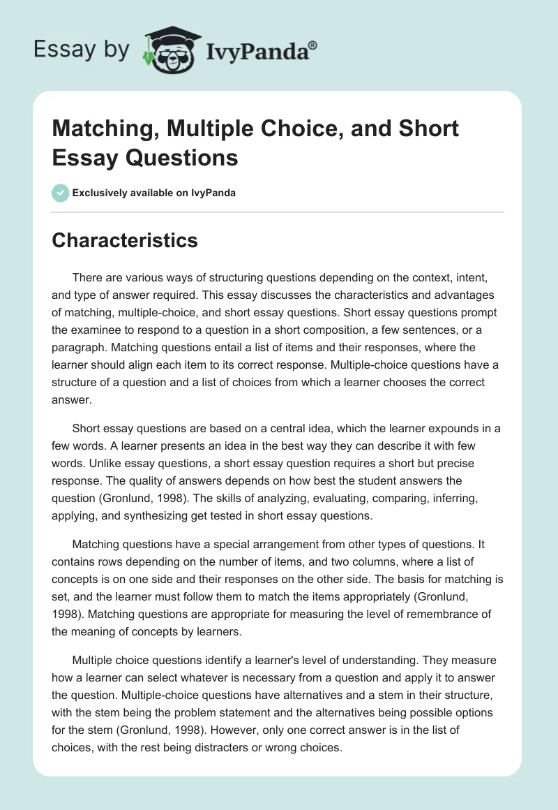 Matching, Multiple Choice, and Short Essay Questions. Page 1