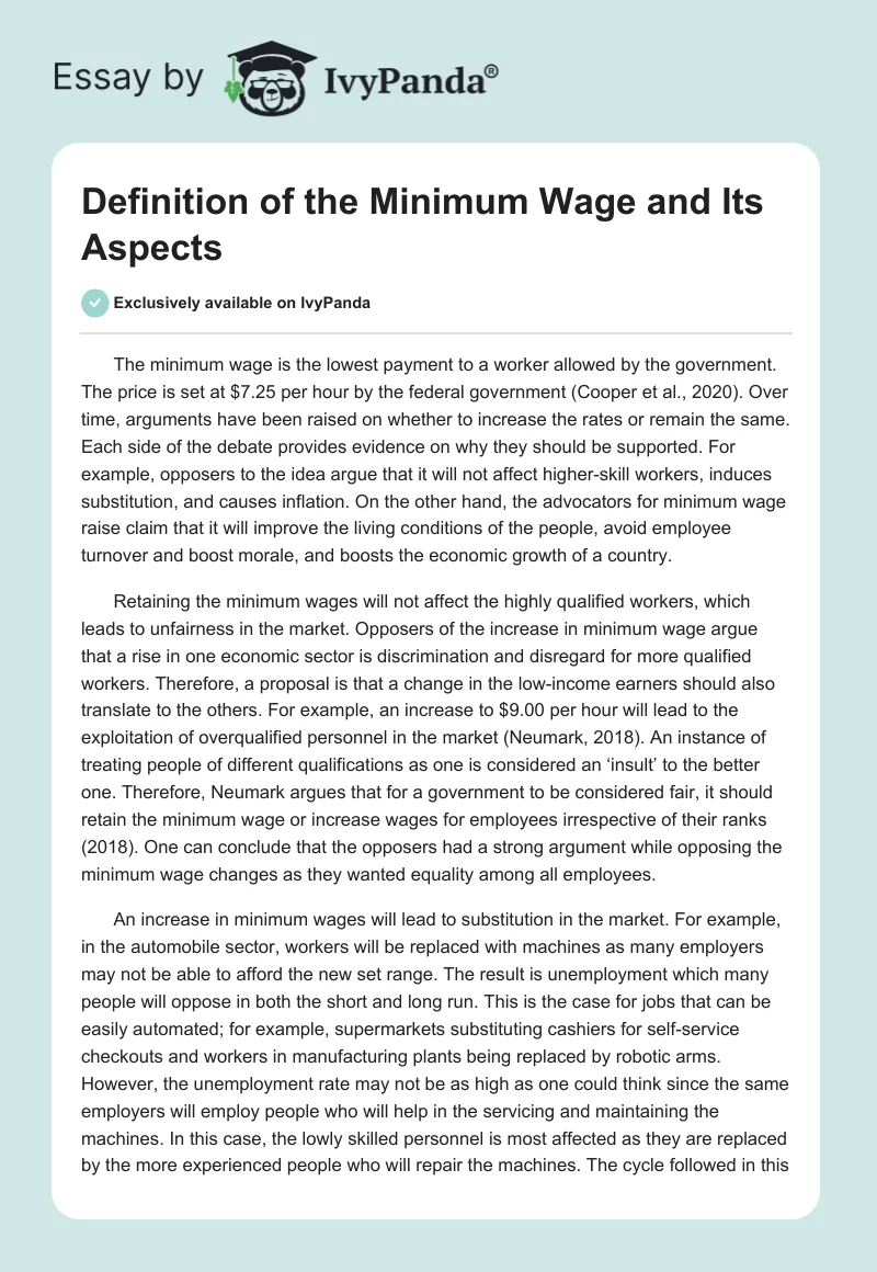 Definition of the Minimum Wage and Its Aspects. Page 1