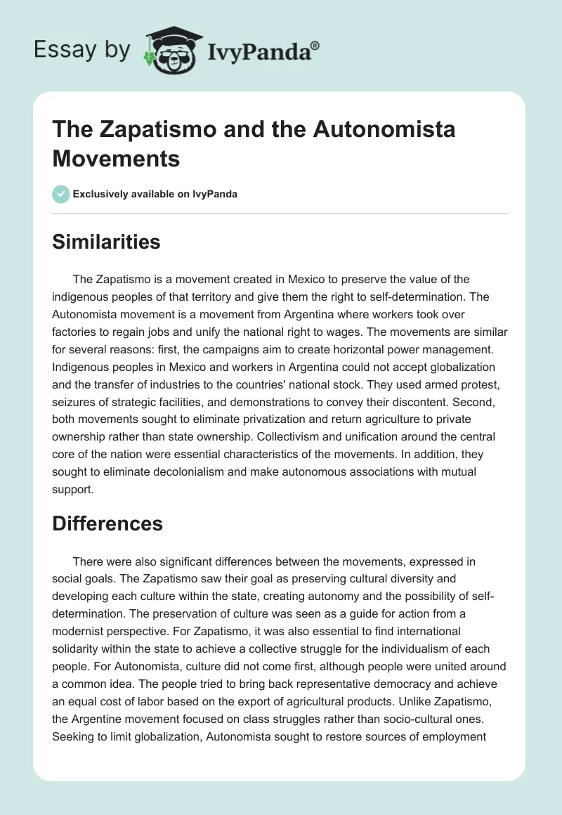The Zapatismo and the Autonomista Movements. Page 1